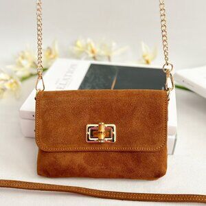 Italian Suede Bamboo-Detail Crossbody Bag – Cognac